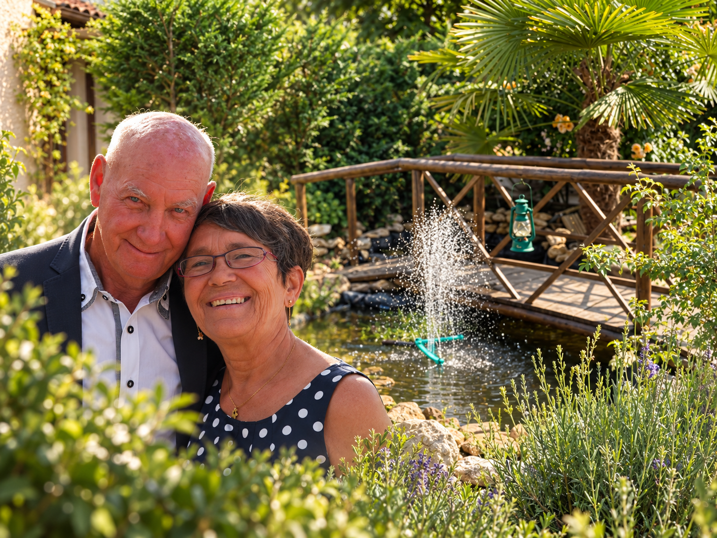 Portrait de Serge et Liliane fondu dans le jardin de la maison, près du petit pont et du bassin